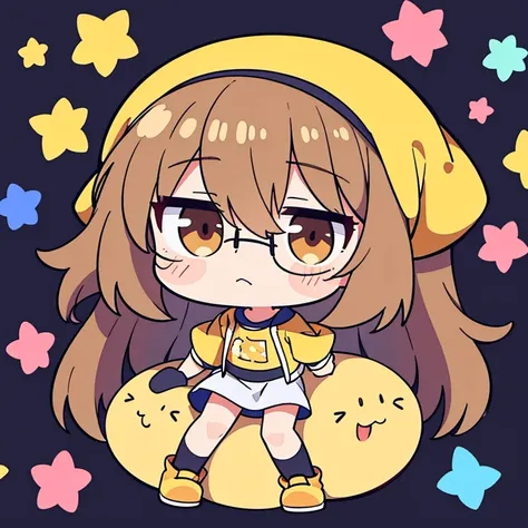 Give me several options arranged in a grid of a chibi anime character, mujer con cabello medio largo, Light brown color, con lentes, based on a dragon, con toques gamer y streamer para usar como emojis, que cada personaje tenga los mismos colores y element...