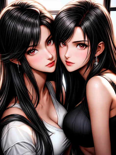 arafed image of a sexy posing together in a window, seductive tifa lockhart portrait, tifa, tifa lockhart, tifa lockheart, tifa lockhart portrait, glamorous tifa lockheart, portrait of tifa lockhart, tifa lockhart with Black and Red and white hair, range m...