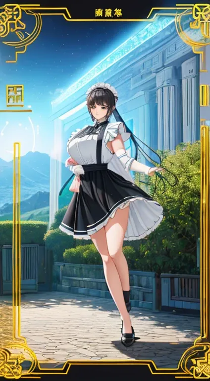 in 14 Day(asterpiece，Boutique，meticulous，Delicate scenery，beautiful lighteautiful light and shadoirl，whole body，Hold your chest out）huge，，charming look，mini skirt，Continuous content,，black，black高跟鞋，(Maid appearance),model pose,meticulous的皮肤纹理,Tyndall effec...