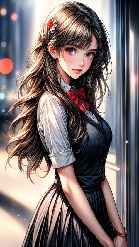 school_uniform,red bowtie,white shirt,Blue sweater vest,pleated_skirt,
flower hair clip, hair flower, hair ornament, 
Red eyes,bangs, black_hair, long_hair,
1 girl, 20yo,Young female,Beautiful Finger,Beautiful long legs,Beautiful body,
Beautiful Nose,Beaut...