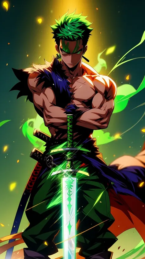 anime character with green hair holding a sword in a green fire, roronoa zoro, badass anime 8 k, glowing green soul blade, iconic character splash art, anime epic artwork, anime wallpaper 4 k, anime wallpaper 4k, 4k anime wallpaper, advanced digital anime ...