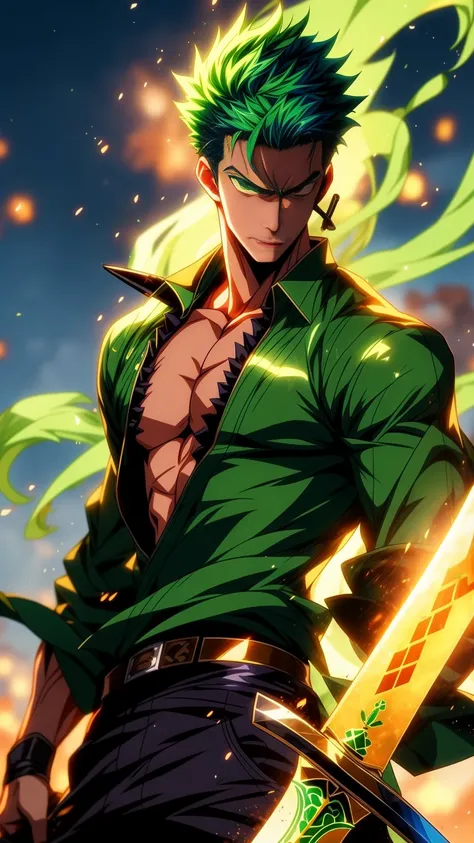 anime character with green hair holding a sword in a green fire, roronoa zoro, badass anime 8 k, glowing green soul blade, iconic character splash art, anime epic artwork, anime wallpaper 4 k, anime wallpaper 4k, 4k anime wallpaper, advanced digital anime ...