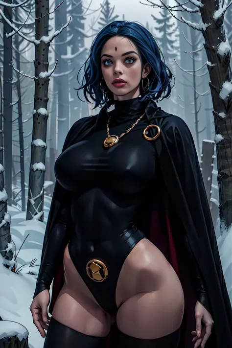 1girl, cowboy shot of rvn, hotraven, pale skin, black leotard, seductive look, massive breasts, wide hips, milf look, turtleneck, tights, cape, glowing eyes, gold belt, jewels, medallion, athletic, looking at viewer, night, dark forest, mist, fog, volumetr...