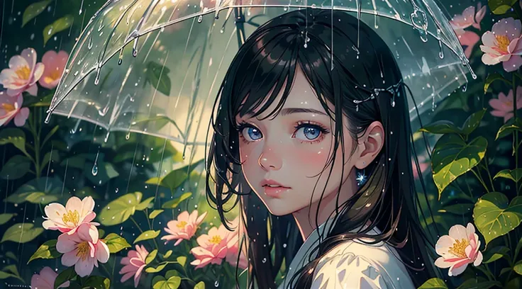 A girl in a rainy garden,soft watercolor effect,beautiful detailed eyes,beautiful detailed lips,medium:oil painting,soft and delicate strokes,raindrops on leaves and flowers,moist ground texture,umbrella with vibrant colors,sparkling rain,highres,ultra-det...