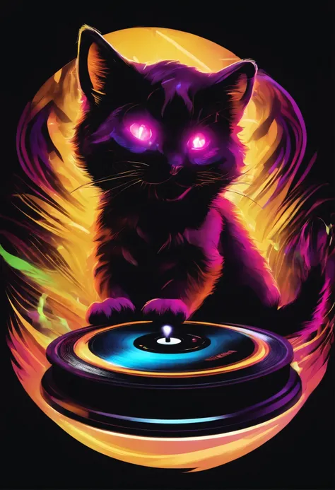 A monster DJ spinning on turntables with a vinyl disc on a black background,, Breathtaking rendering, inside a radiant connection, inspirada em Kinuko Y. craft,, Magical Elements, kitten icon, UAU, its beautiful, casting a colorful multi spell, bright flas...