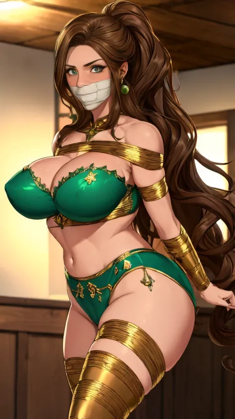 Female((30-years old)), hair((Wavy, Golden brown)), Eyes((smart Eyes, Green)), Clothes(( white belly dancer ling thong)),  , Breast Out, Ponytail, Accessories((earrings)), gagged ,bdsm ,queen