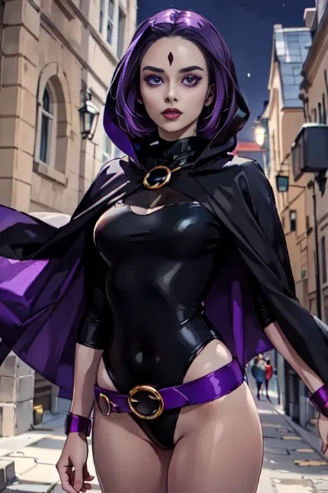 1girl, raven, rvn, hotraven,  black leotard, black cape, hood, purple hair, forehead jewel, purple eyes, short hair, belt, skin tight, standing, cleavage, toned, breasts, pose, night, moonlight, ((posinotion lines, torso, upper body