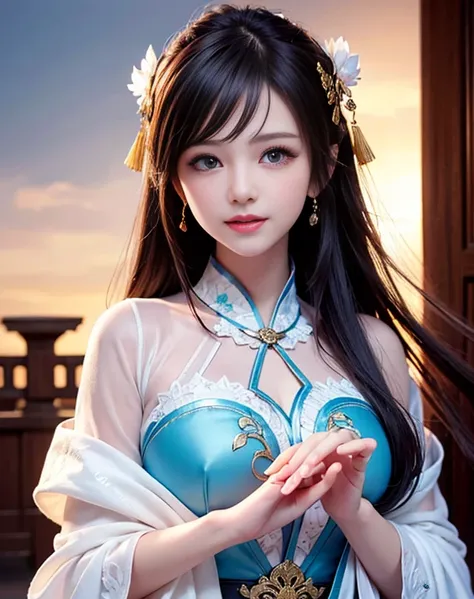 (8k, RAW photo:1.2),best quality, ultra high res,dramatic angle,(fluttered detailed color splashs), (illustration),(((1 girl))),(long hair),(rain:0.9),(hair ornament:1.4),there is an ancient palace beside the girl,chinese clothes,(focus on), color Ink wash...