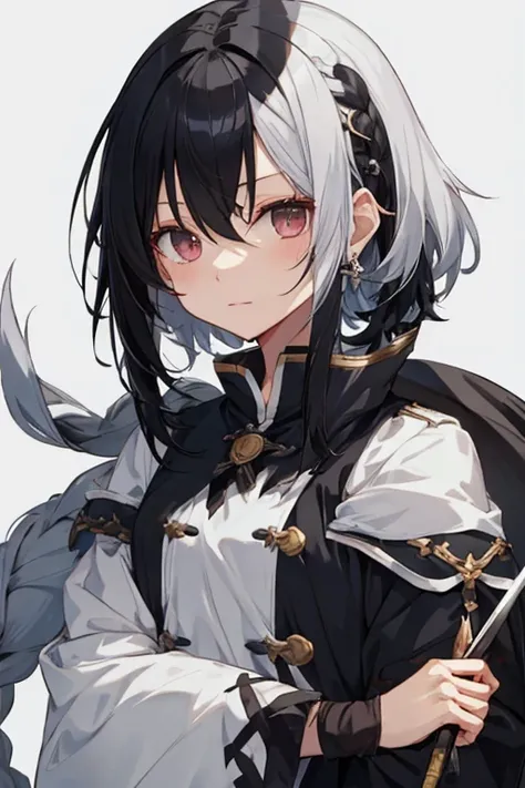 Mixed black hair and white hair，Swordsman，loli，Its not a smile，cute，naïve