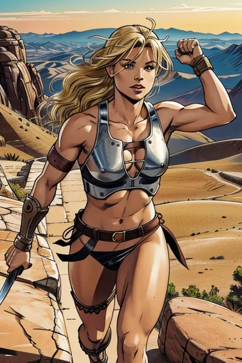 A  woman with a muscled body, blond barbarian hair, (hazel detailed eyes), running and jumping while charging an attack using a ((long Sword)) in her hand. she is wearing a Loincloth and a barbarian iron chest armor. She wears an ancient sandal. she is sta...