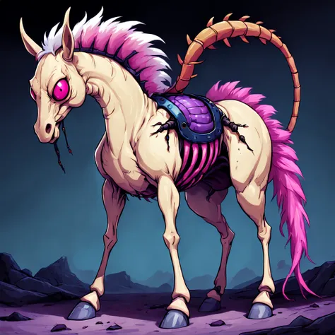 A horse with white-tan fur and covered in a tan insect-like exoskeleton with a scorpion tail tipped with pink-red and one creepy black eye surrounded by white-blue and vivid purple, in eldritch cartoon arts tyle