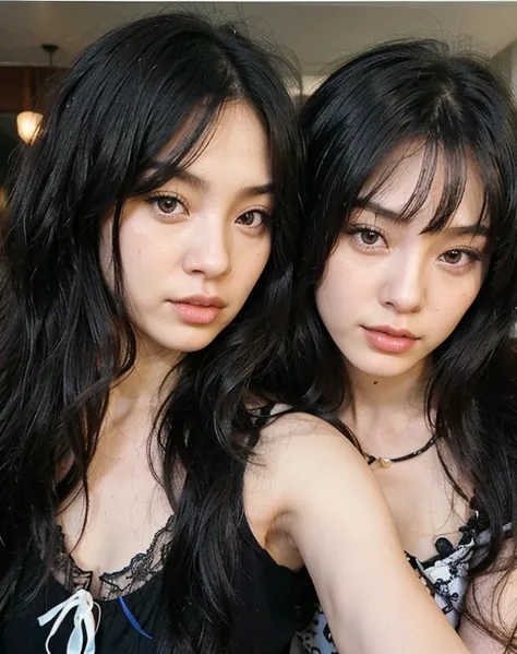 Two Asian women with long black hair posing for a photo., ulzzang, she has black hair con flequillo, con negro, Lalisa Manobal, flequillo negro, yoshitomo nara y aya takano, con flequillo, pelo cortado hime negro, rasgos de la cara coreana, long black hair...