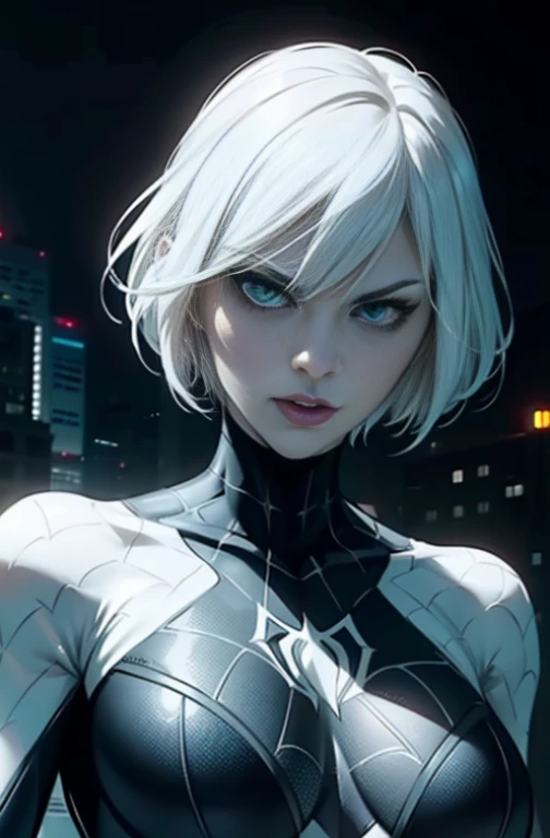 Spider Gwen Gwen in a black outfit with a spider in the center of his chest in white, Organic-looking outfit, sticky forehead, symbiote, white eyes, visual art, PS5 cinematic screenshot, Highly detailed, detailed cinematic rendering, ultra photorealistic r...