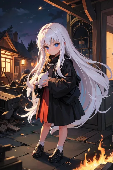 child with long white hair, holding hear teddy, destroyed old village, war, night, burning houses