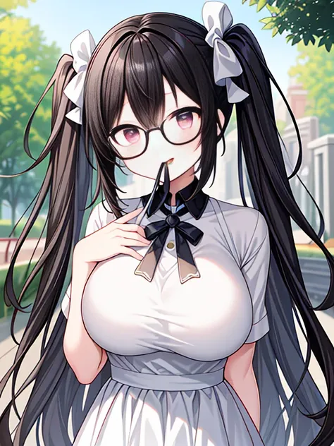 very detailed、masterpiece、high quality、one high school girl、10 years old、Loli、White dress,(black hair):1.2 Otaku,black hair, (pink eyes),(glasses), change,twin tails,sassy change，cheey change,girl,天才girl、(big breast):1.1,(blush):1.1、mouth slightly open,Day...