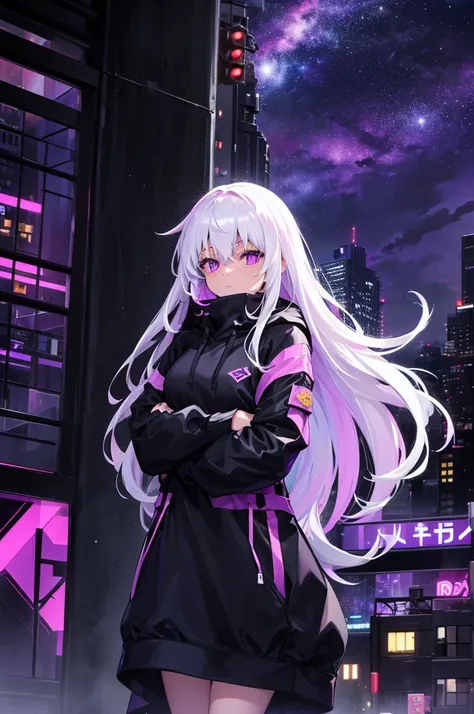 long white hair, black dress, purple eyes, city, skycraper, skyline, night, stars, galaxy, hoodie oversize, streetwear, rainy, neon lights