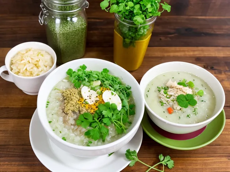 the seven herb rice porridge, celery, potherb mustard, spiderwort, chervil, white clover, turnip, and radish