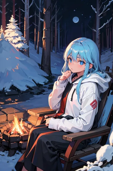 Teen, pretty, long hair, blue eyes, cold, logfire, forest, night, moon, camping, sitting on a log, oversize hoodie, comfy, 