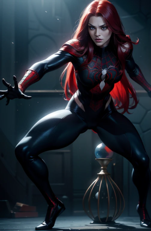 Spider mj, Red long hair, in a black outfit with a spider in the center of his chest in white, Organic-looking outfit, sticky forehead, symbiote, blue eyes,sexy pose hourglass body, big breasts, visual art, PS5 cinematic screenshot, Highly detailed, detail...