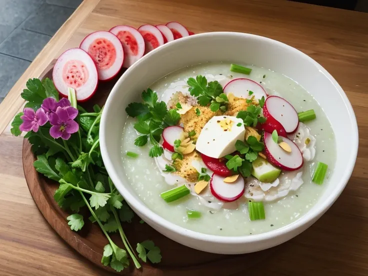 the seven herb rice porridge, celery, potherb mustard, spiderwort, chervil, white clover, turnip, and radish