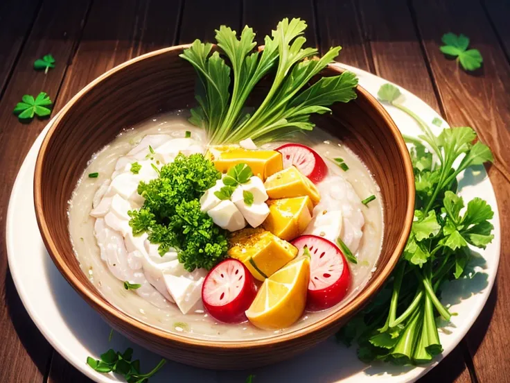 the seven herb rice porridge, celery, potherb mustard, spiderwort, chervil, white clover, turnip, and radish