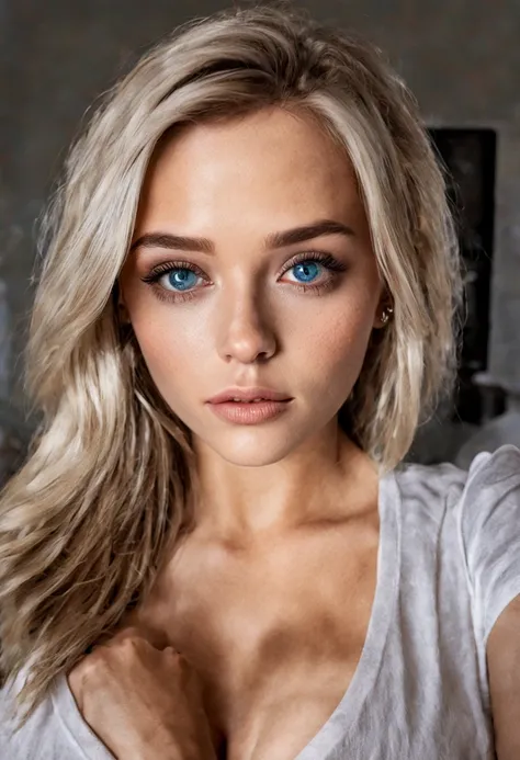 photo, frontal view, arafed woman fully , with blue eyes, ultra realistic, meticulously detailed, portrait sophie mudd = .5 , blonde hair and medium eyes, selfie of a young woman, bedroom eyes, violet myers, without makeup, natural makeup, looking directly...