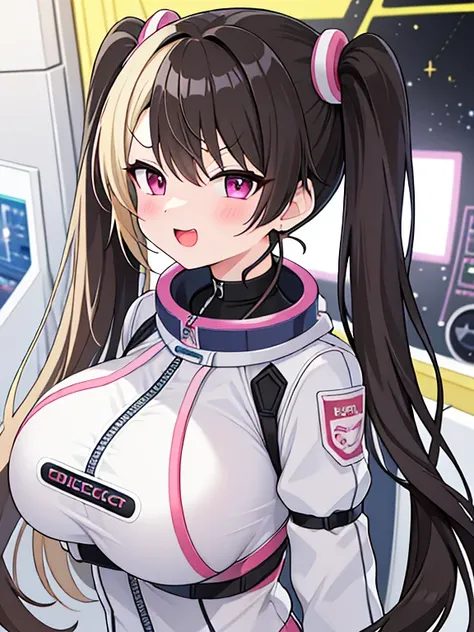 very detailed、masterpiece、high quality、one high school girl、12 years old、Loli、(white and pink space suit)、front zipper、(Futuristic, Tight Fit Bodysuit)、headphone、Cyberpunk space station interior background、(blonde),ロングtwin tails, (pink eyes), change,twin t...