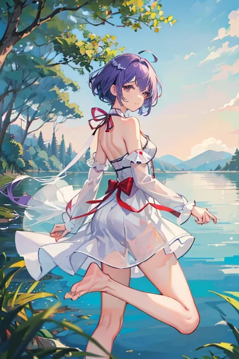 Please create a high quality picture of a female anime character of a tall, athletic, woman with short purple hair in a sheer white sleeveless dress walking away from the viewer while looking back over her shoulder. She should be walking toward a pond whic...