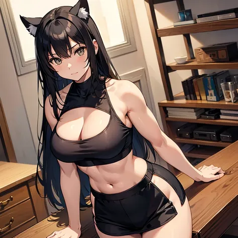 Black hair , cat ears , muscular girl , medium sized breasts , large hips , standing up straight but leaning slightly on a table after a workout 