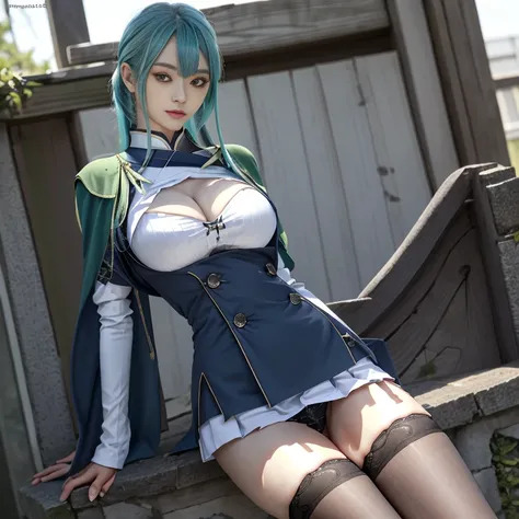 Kizi， highr， Concealed arm， Blue_and_Green hair， Detailed beautiful eyes， navy blue eyes， evilsmile， medium boob， Open navel，Bigchest， big breasts thin waist，medium thigh， Long legs，High Root，blacksilk，校服， Japan School Uniform，JK school uniform，Long black ...