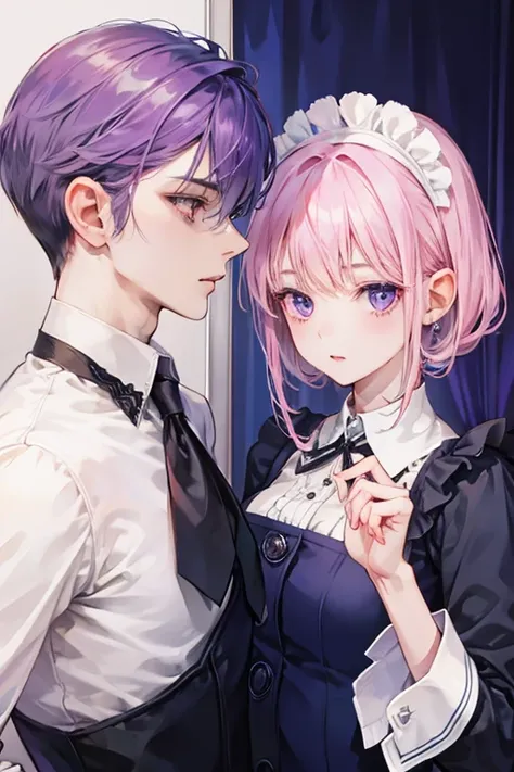 A navy haired butler with navy eyes is working with a pink haired maid with violet eyes 
