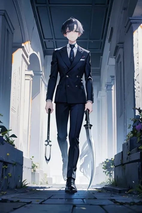 A navy haired man with silver eyes is carrying a silver scythe through a cemetery