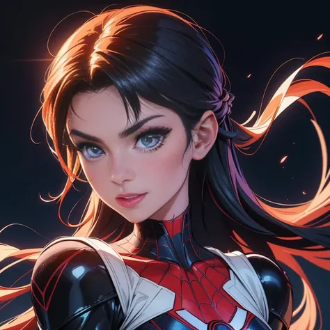 Spider man Fusion, vestiti di Spider man, capelli rossi lunghi di mj, fusione, 1 ragazza, body in lattice symbiote bianco e nero, bellissimo, (parte principale: 1.2), (better quality: 1.2), ((posa di combattimento)), ((campo di battaglia)), cinematografico...