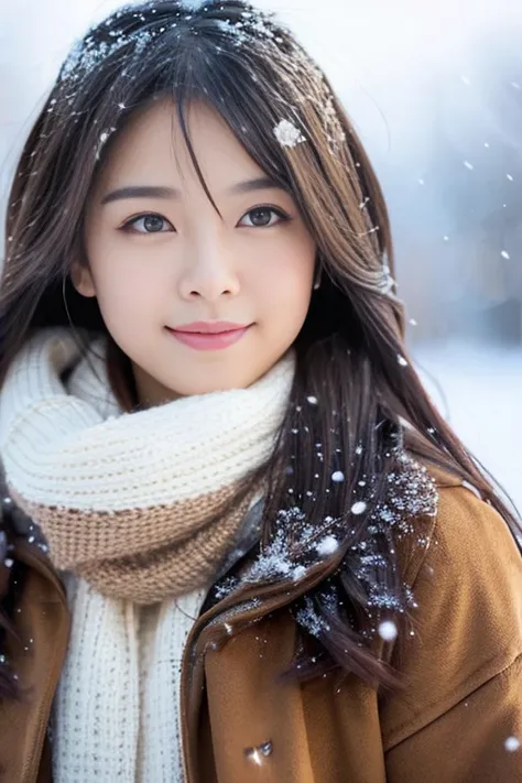 Asian, snow, expressive eyes, charming, outside, cold, snowflakes, more realistic, brown eyes, 25 year old