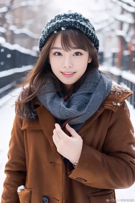 Asian, snow, expressive eyes, charming, outside, cold, more realistic, brown eyes, 25 year old, full body