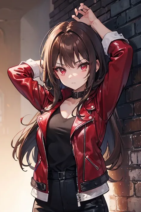 A brown haired female vampire with ruby eyes is wearing a worn leather jacket