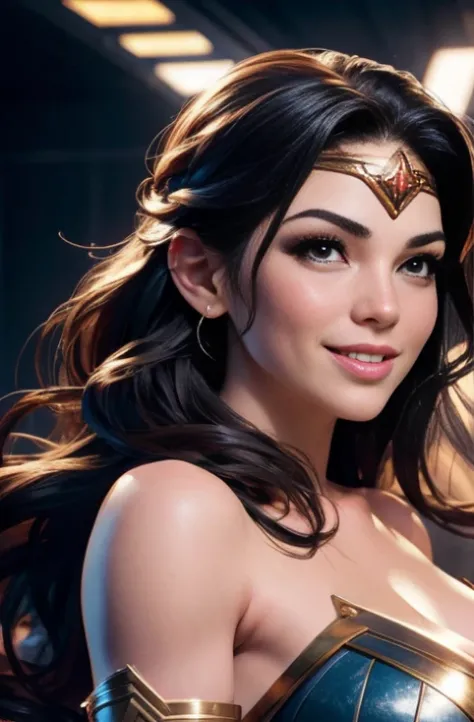 Wonder Woman, Portrait Photography by Artgerm, realism style, top naked, pert breasts, glowing skin, cartoon hero, natural light, defined lips, smiling, strong physical strength, feminine body, full body, viewer, (smile:1.2), depth of field f/1.8, studio s...