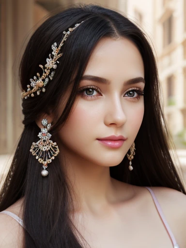 photorealistic, lip gloss, painting, realistic, best quality, ultra high resolution, depth, pastel color, natural shading, focus on face, face only, looking at viewer, long hair, hair accessory, black hair, brown and well detailed eyes, Dress