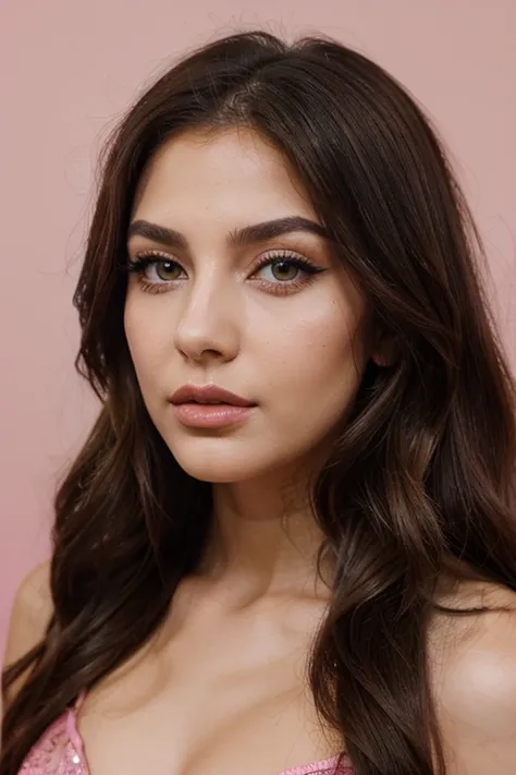 very beautiful girl, lebanese, with makeup, has pink background, elegant, dark green eyes, light brown hair,lip liner, eyeliner,highlighter,brow liner