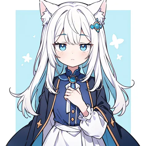 Fundo no fundo branco，Super cute Q version white-haired catgirl，Vestindo um terno de marinheiro azul claro，Agachado e sentado com meias brancas，Vender mais，olhos e pupilas cor de rosa，hiper HD, alto detalhe, alta qualidade, Best quality at best, A high res...