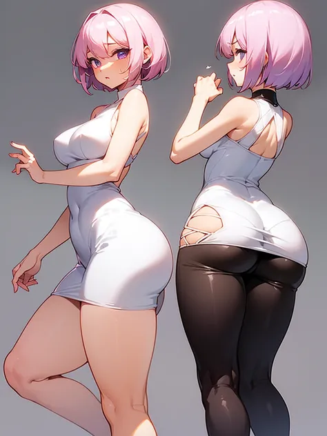 (((I want a woman alone, fair skin, Short Pink Hair, purple eyes, medium breasts,thin waist, thick thighs and beautiful ass, wearing a short white bodycon dress)))