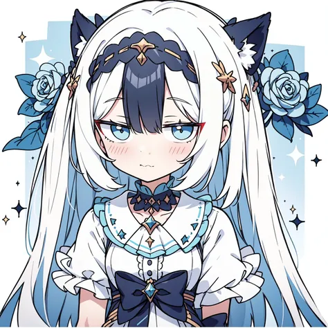 Fundo no fundo branco，Super cute Q version white-haired catgirl，Vestindo um terno de marinheiro azul claro，Agachado e sentado com meias brancas，Vender mais，olhos e pupilas cor de rosa，hiper HD, alto detalhe, alta qualidade, Best quality at best, A high res...