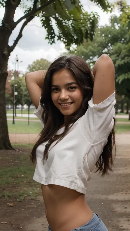 Little girl 16 year old, latin woman, complexion robusta, piel morena oscuro, hair straightened, natural light of a cloudy morning, sonrisa timida, poses in a park with trees and a beautiful lake in the background, falda, topples 