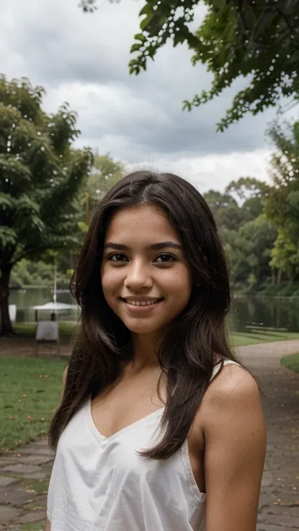 Little girl 16 year old, latin woman, complexion robusta, piel morena oscuro, hair straightened, natural light of a cloudy morning, sonrisa timida, poses in a park with trees and a beautiful lake in the background, falda escolar, topples 