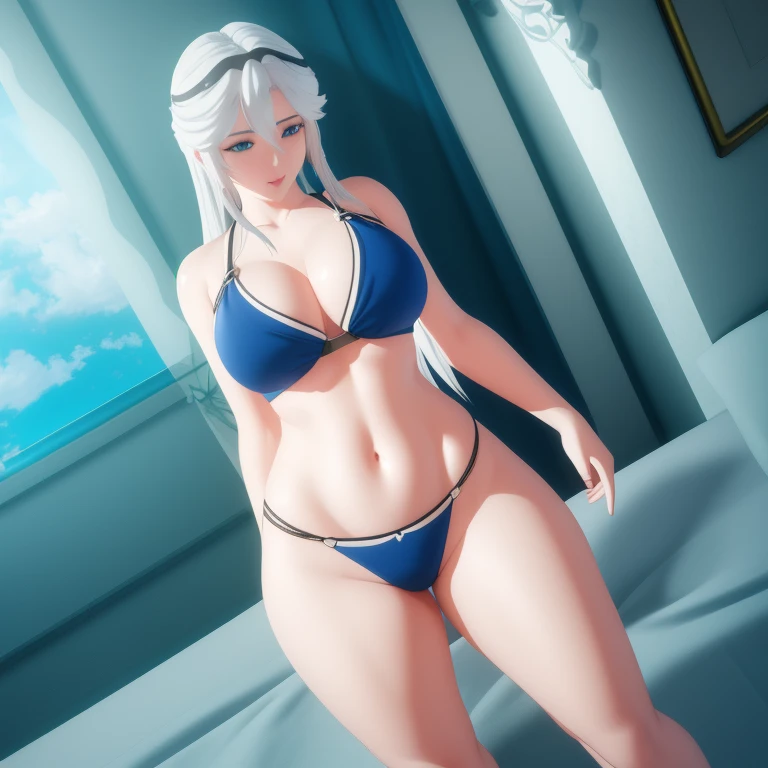 sexy woman with long white hair posing in a blue bikini, a 3D render by Russell Dongjun Lu, Artstation, fantasy art, seductive anime girl, trending on cgstation, artwork in the style of guweiz, tifa lockhart with white hair, photorealistic anime girl rende...