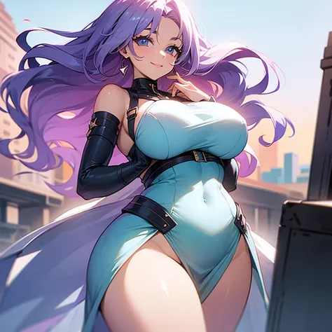 ((I want a woman alone, curvy and beautiful body, light blue eyes and light purple wavy hair, sharp look, smile on her face and wearing a beautiful dress))