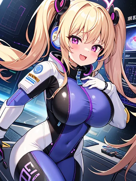 very detailed、masterpiece、high quality、one high school girl、12 years old、Loli、(white and pink space suit)、front zipper、(Futuristic, Tight Fit Bodysuit)、headphone、Cyberpunk space station interior background、(Multicolored blonde hair),ロングtwin tails, (pink ey...