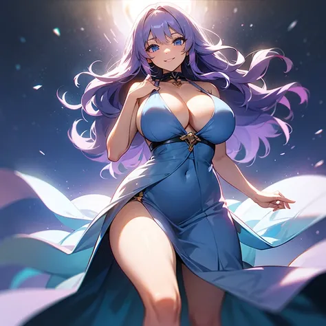 ((I want a woman alone, curvy and beautiful body, light blue eyes and light purple wavy hair, sharp look, smile on her face and wearing a beautiful dress))