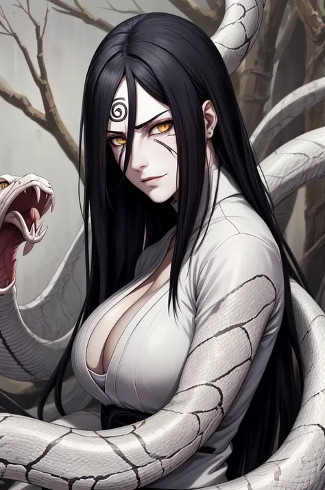 {-erro_de_anatomia:1.0} estilo anime, Masterpiece, absurdities, Orochimaru(Naruto), 1girl Solo, Mature woman, Oversized shirt with broad shoulders, Perfect composition, Detailed lips, large breasts, Beautiful face, body proportion, Blush, Long black hair, ...