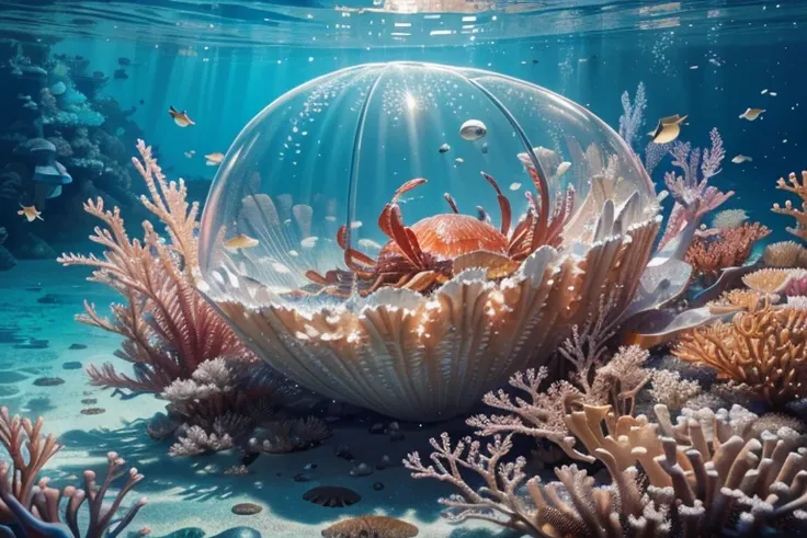 ((artwork)),best quality,(8k,best quality,artwork:1.2),ultra-detailed,illustration,Small_scene,3D_scene,mountain,Hyper-realistic digital illustration of a Semi-transparent giant crab made of crystal clear saltwater and pearl shell, swimming gracefully acro...